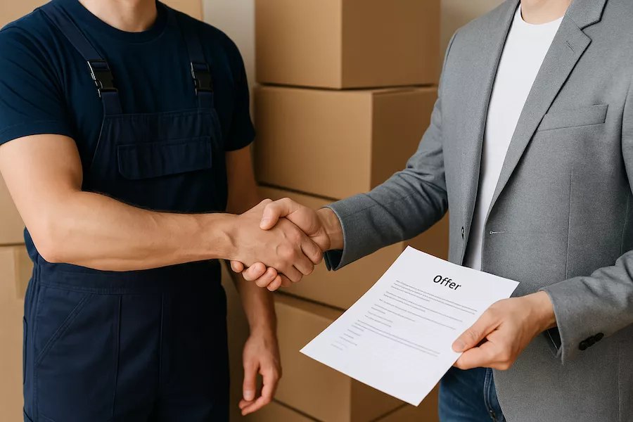 handskakning mellan kund och flyttfirma – frågor och offert